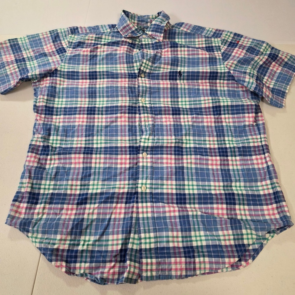 Ralph Lauren Classic Fit Plaid Short Sleeve Button Down Shirt Blue Pink Large
